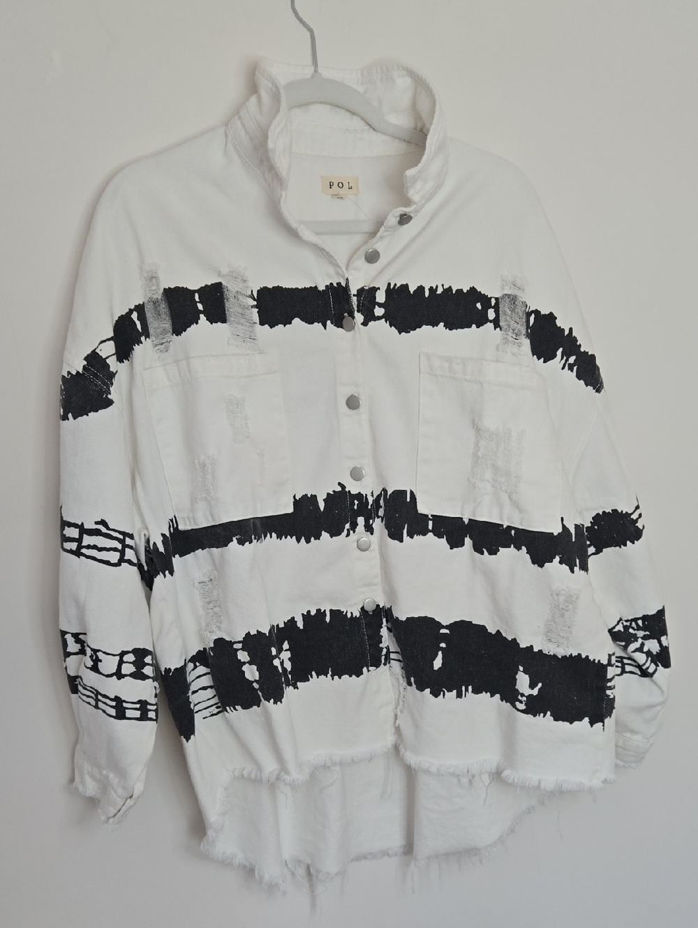 POL White Oversized Jean Jacket with Black Distressed Stripes Boho Chic Small